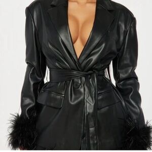 Fashion Nova Black Faux Leather Blazer with Feather Cuffs
